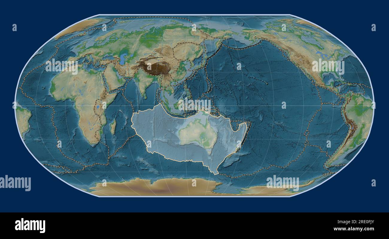 Placca tettonica australiana sulla mappa di elevazione fisica nella proiezione di Robinson centrata meridionalmente. Confini di altre lastre Foto Stock