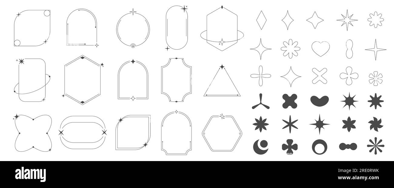 Forme geometriche di linea alla moda. Forme astratte e moderne, silhouette minimal e brutali, collezione vettoriale in stile piatto con simbolo cosmico retrò Illustrazione Vettoriale