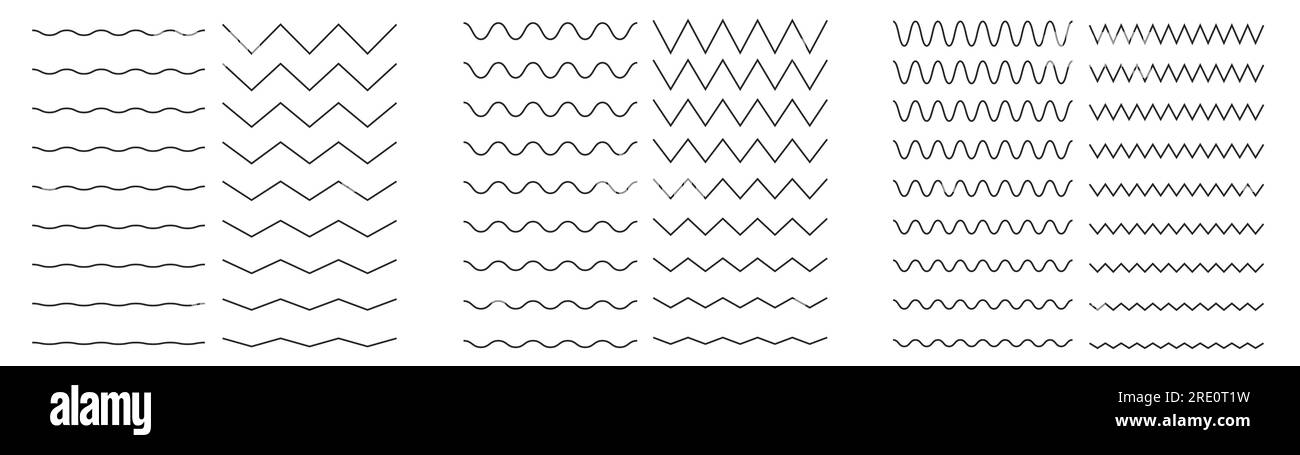 Onda lineare e zigzag. Forme d'onda curve e dritte per l'equalizzazione dell'audio, elementi ondulati simili a forme d'onda e linee di distorsione a zig-zag. Vettore isolato Illustrazione Vettoriale