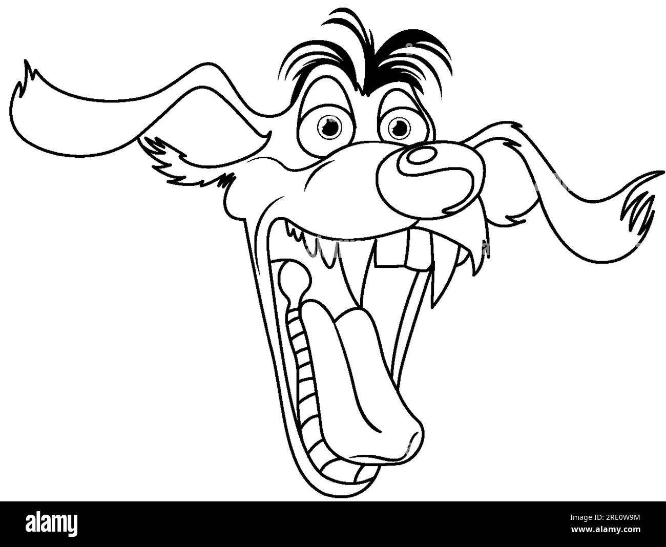 Una testa di cane a bocca aperta con denti affilati, isolata su uno sfondo bianco Illustrazione Vettoriale