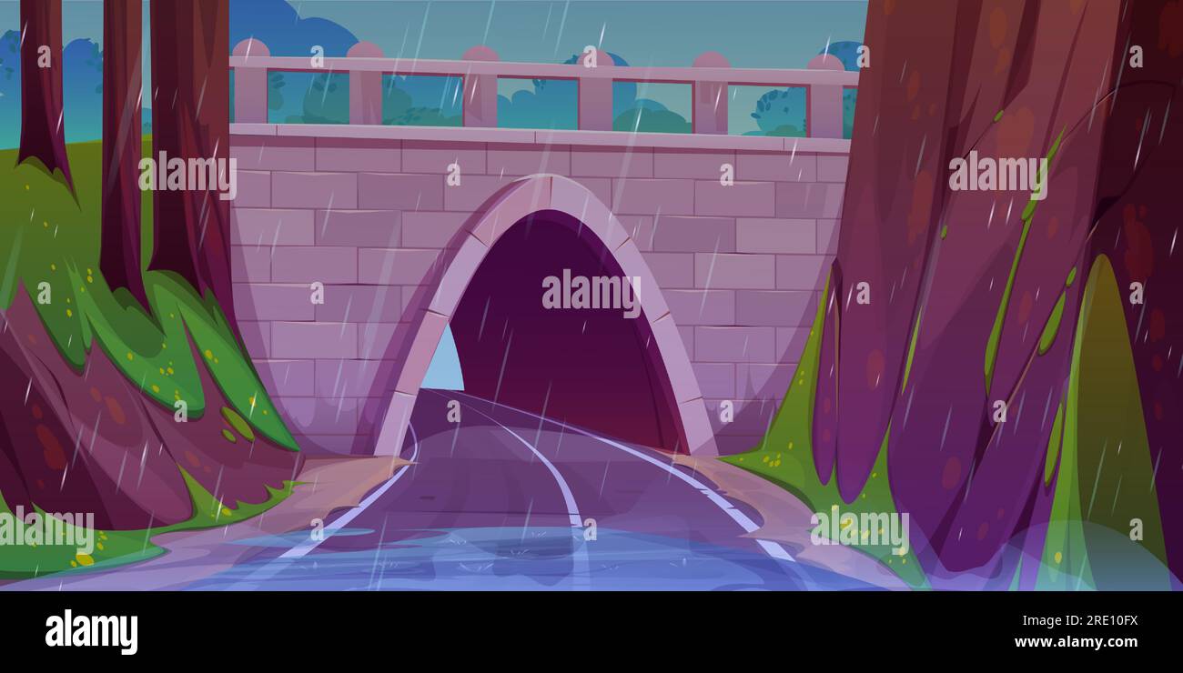 Tunnel dell'autostrada sotto il ponte in caso di pioggia. Cartoni animati vettoriali che illustrano la strada bagnata che attraversa un arco di pietra tra montagne, alberi boschivi, prati verdi sulle colline. Sfondo del gioco Illustrazione Vettoriale