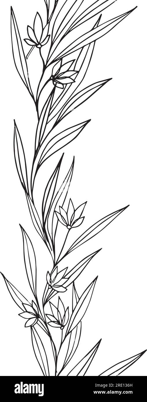 Bordo verticale vettoriale senza cuciture con foglie e fiori. Disegno botanico in bianco e nero disegnato a inchiostro stile di incisione. Composizione del progetto Illustrazione Vettoriale