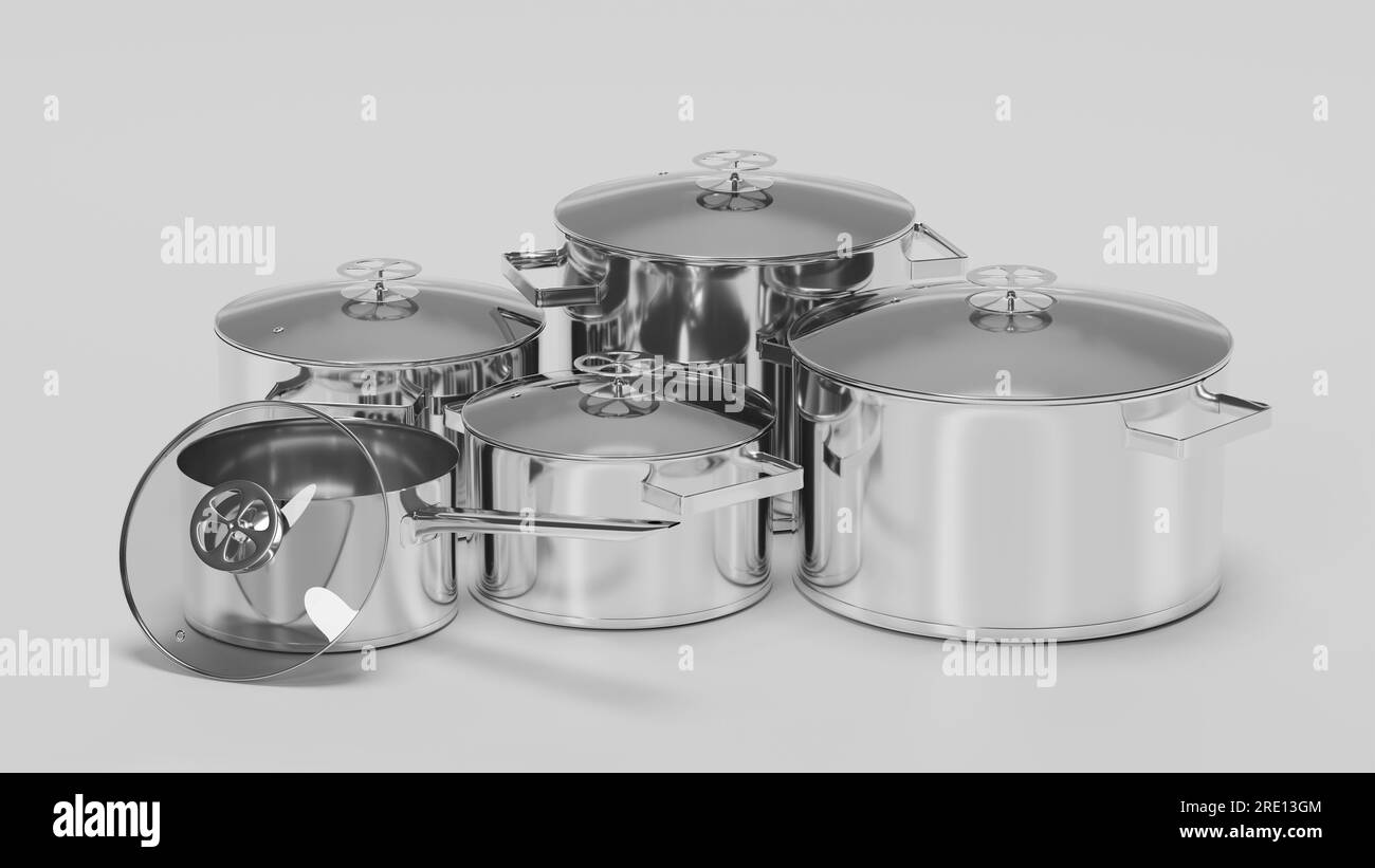 Set di pentole di cottura in acciaio e teglia su sfondo bianco. illustrazione 3d. Foto Stock