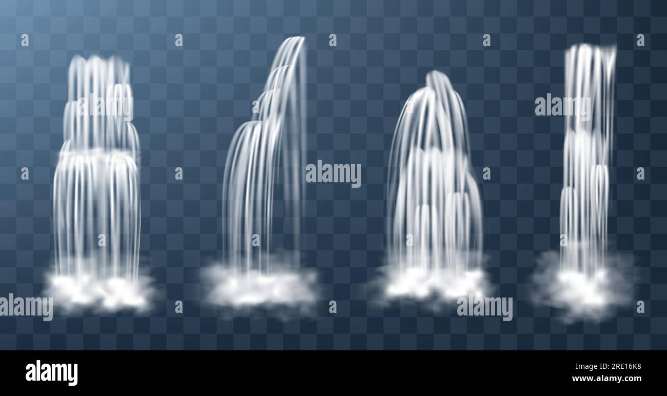 Cascate isolate su sfondo trasparente. Vector realistic acqua di fiume caduta con cascata, spruzzi e nebbia. Set di flussi liquidi, flusso di acqua pura, doccia o pioggia Illustrazione Vettoriale