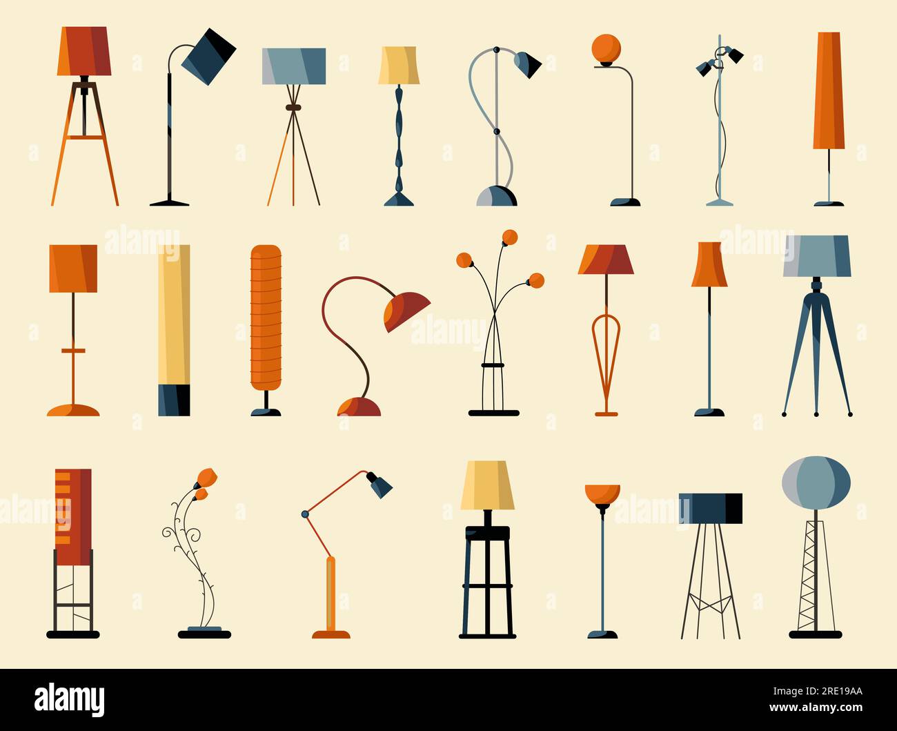 Piantana Collection. Elegante silhouette classica e moderna, design degli interni della camera dei cartoni animati con lampadine. Insieme di vettori Illustrazione Vettoriale