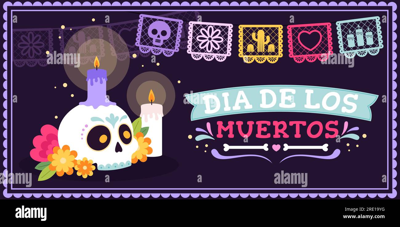 Poster del giorno dei morti. Banner del festival messicano con teschio di zucchero, fiori e candele. Volantino decorativo per feste di halloween, sfondo vettoriale di razze messicane Illustrazione Vettoriale