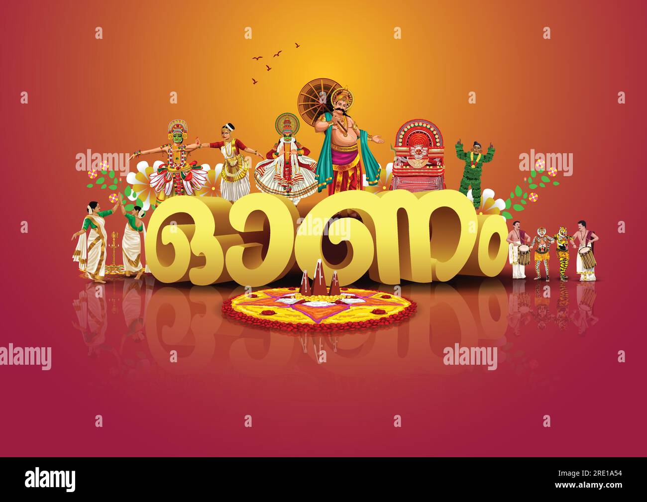 Festival del Kerala dell'India meridionale Happy onam saluti sfondo. Disegno di illustrazione vettoriale modificabile (traduzione malayalam: Onam) Illustrazione Vettoriale