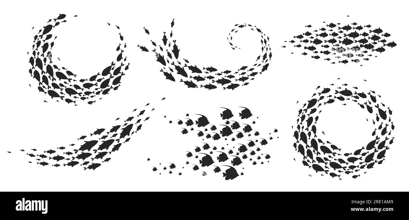 Branco di pesce. Gruppo tropicale di aringhe e salmoni, nuota in gruppo e scuola sott'acqua, ecosistema corallino cartoni animati con pesci. Vettore Illustrazione Vettoriale