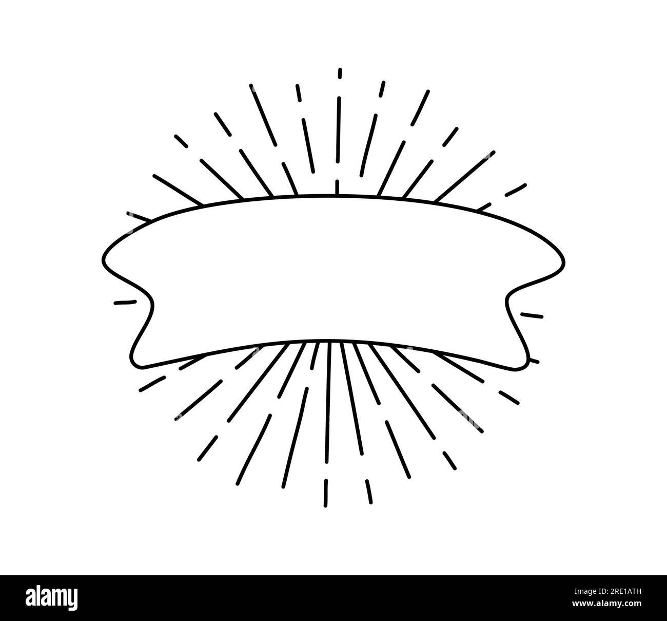 Nastro nero vettoriale con raggi solari. Icona banner, elemento Web design. Illustrazione disegnata a mano. Spazio per il testo per ufficio, biglietti di auguri e. Illustrazione Vettoriale