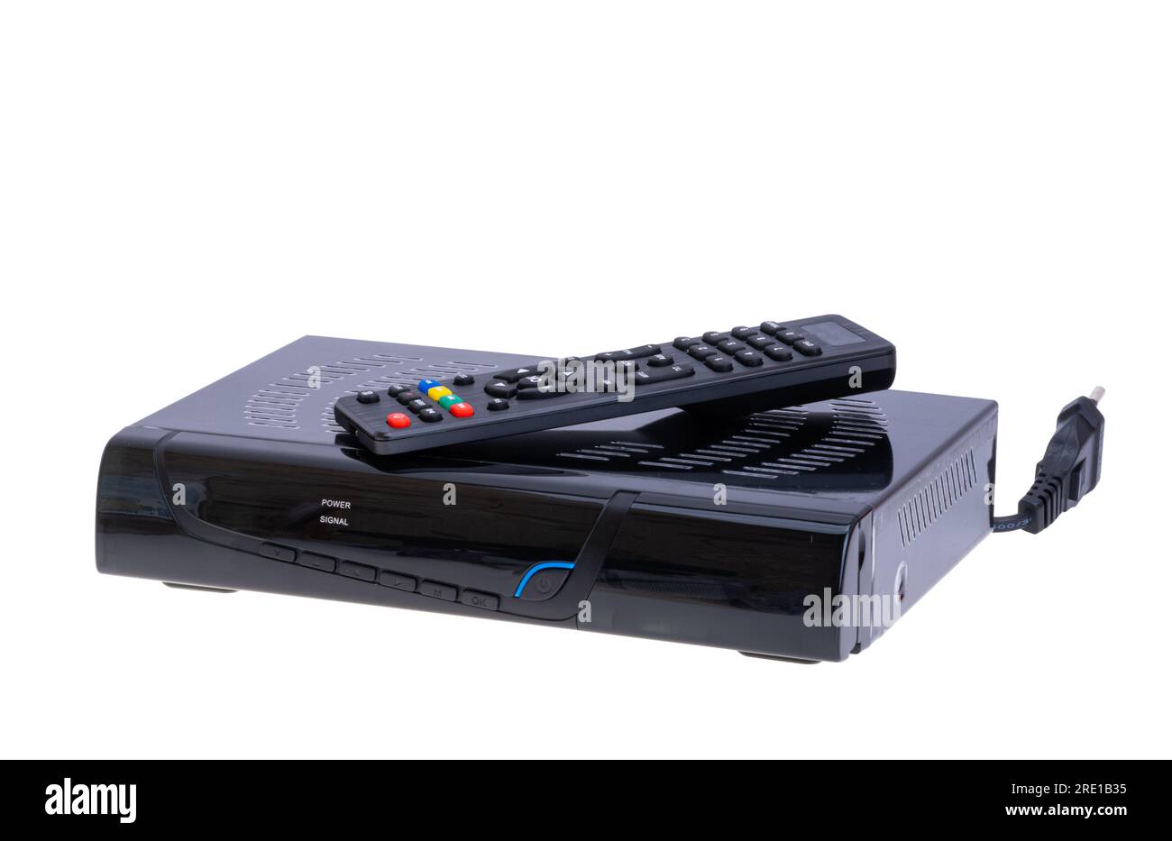 sintonizzatore tv con telecomando isolato su sfondo bianco Foto Stock