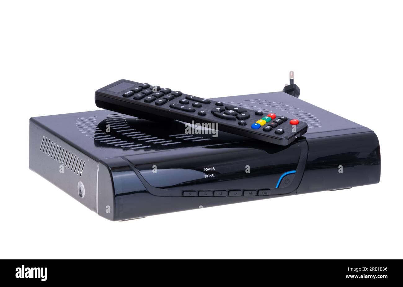 sintonizzatore tv con telecomando isolato su sfondo bianco Foto Stock