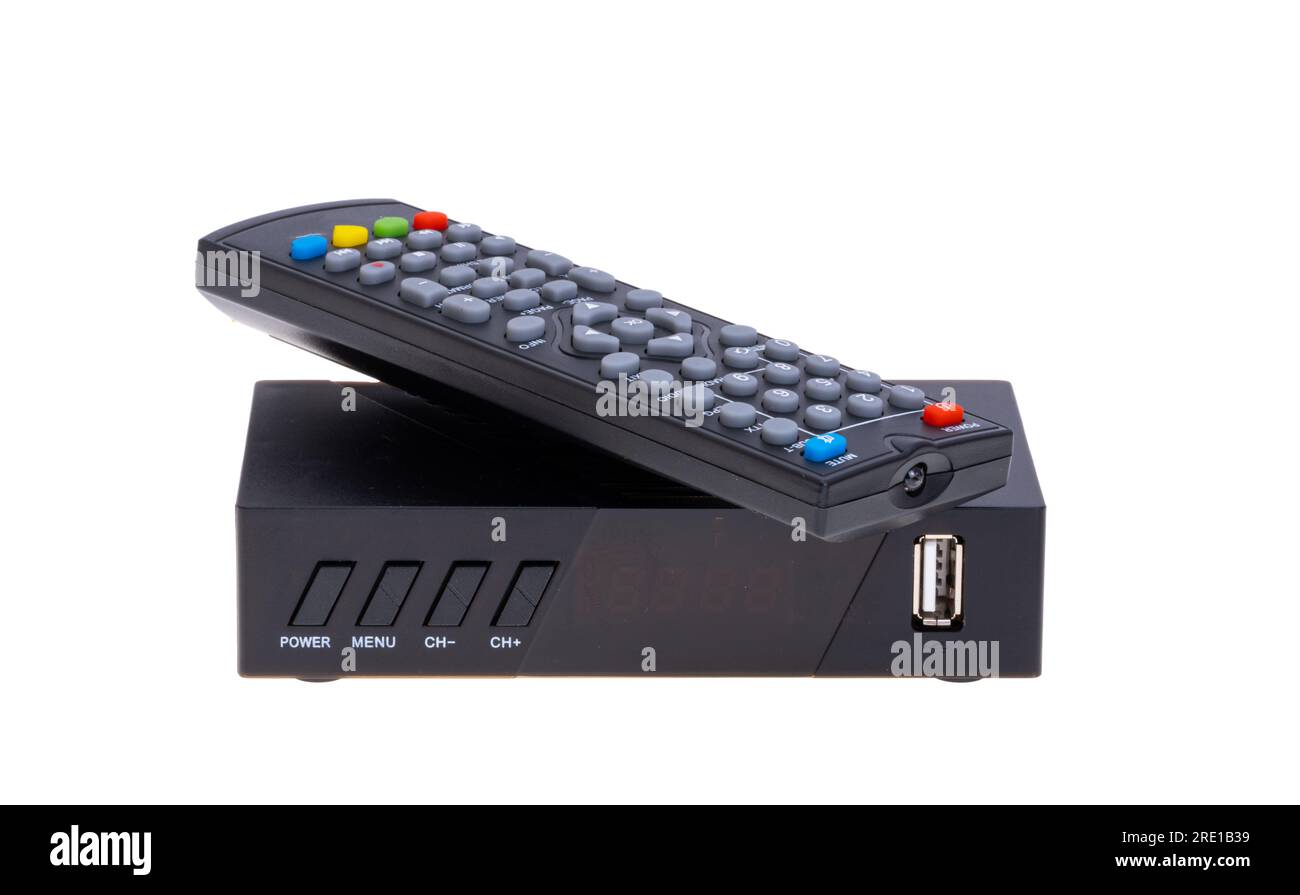 sintonizzatore tv con telecomando isolato su sfondo bianco Foto Stock