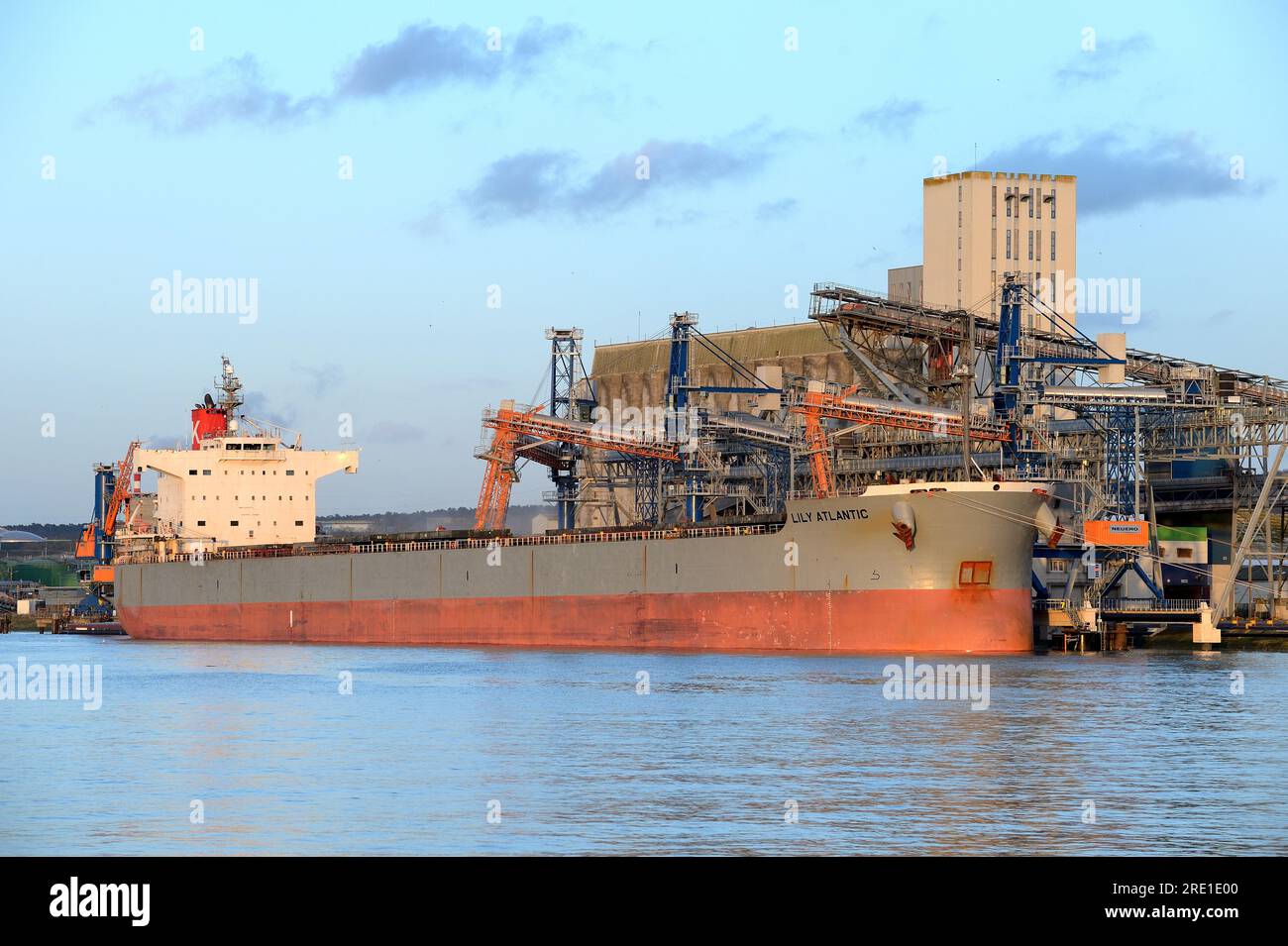 Rouen Grand Couronne (Francia settentrionale): Porto fluviale che attraversa la Senna, porto HAROPA. Silos, cestini di grano Senalia lungo la Senna: Carico Foto Stock