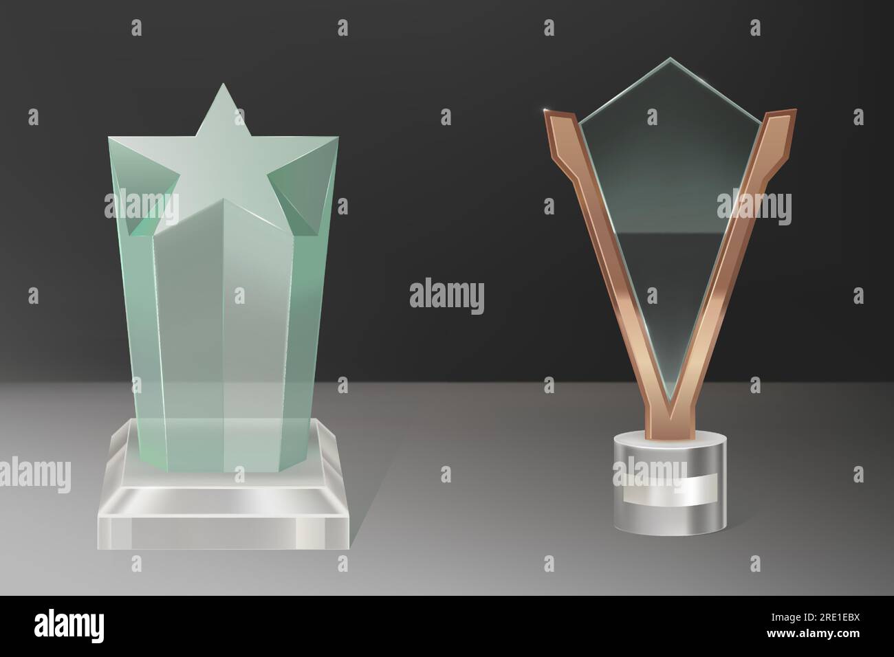 Trofeo in vetro, premio vincitore trasparente con cristallo a forma di stella e piastra in ottone. Premi in acrilico trasparente e vettoriale realistici per il miglior film, il successo, la vittoria sportiva o il successo dell'accademia. Illustrazione Vettoriale