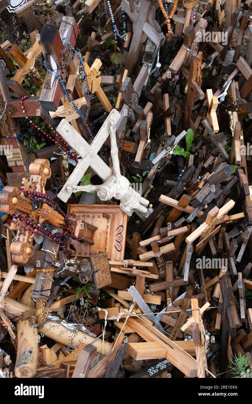 Crocifissi e croci sulla «Collina delle croci», un luogo di pellegrinaggio a nord della città di Šiauliai, nella Lituania settentrionale. Profondità di campo ridotta Foto Stock