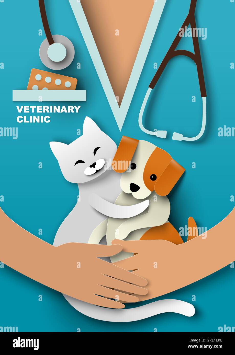 Illustrazione vettoriale clinica veterinaria con animali carini in mano al medico Illustrazione Vettoriale