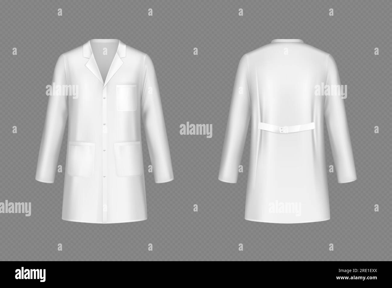 Cappotto medico bianco, uniforme medica isolata su sfondo trasparente. Modello vettoriale realistico della vista frontale e posteriore del costume da laboratorio. Vestiti per la professione medica, tuta da infermiera, abito da medico Illustrazione Vettoriale