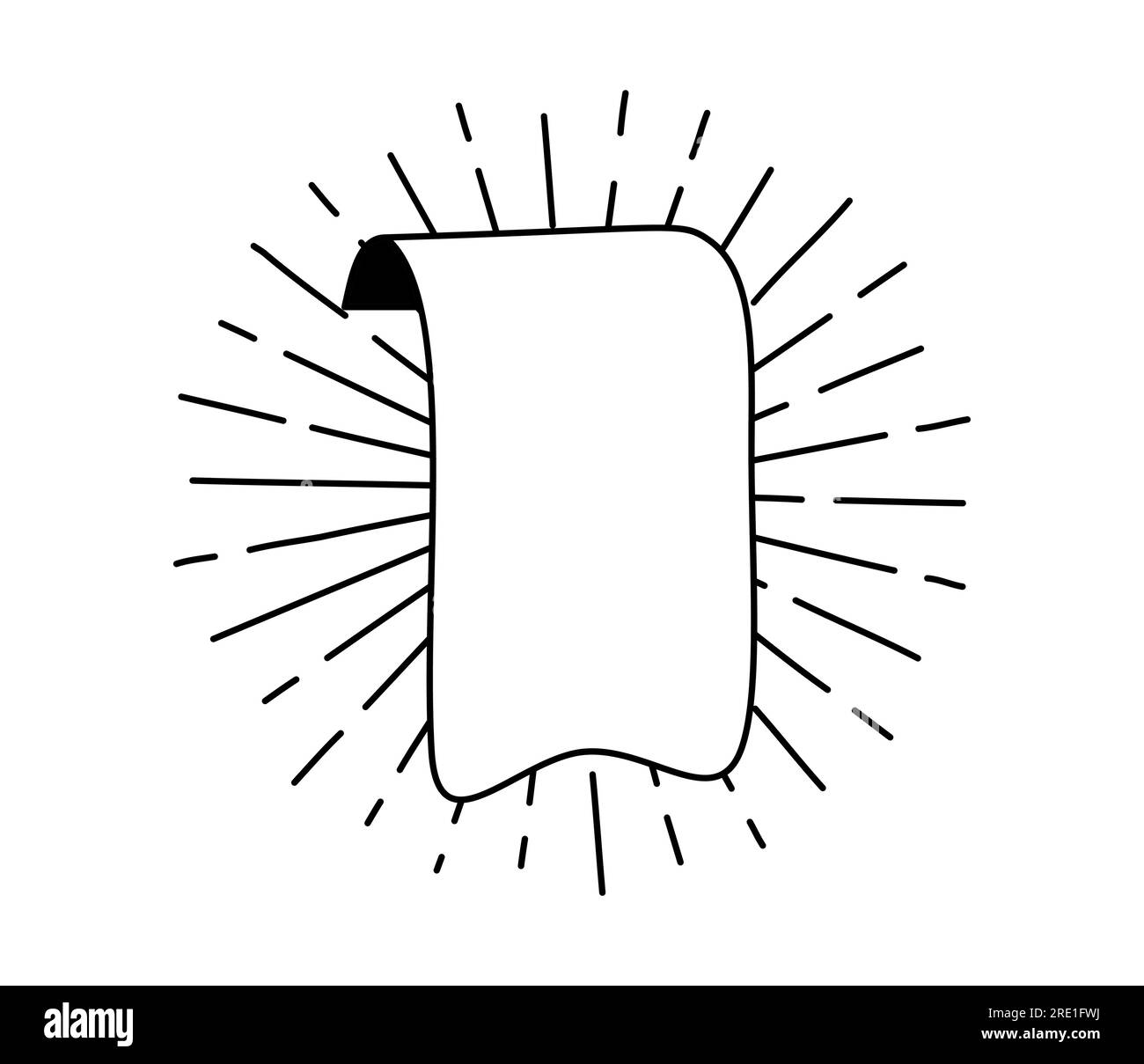 Nastro nero monolina con raggi solari. Icona banner riga, elemento Web design. Illustrazione vettoriale disegnata a mano. Spazio per il testo per l'ufficio, messaggio di saluto Illustrazione Vettoriale