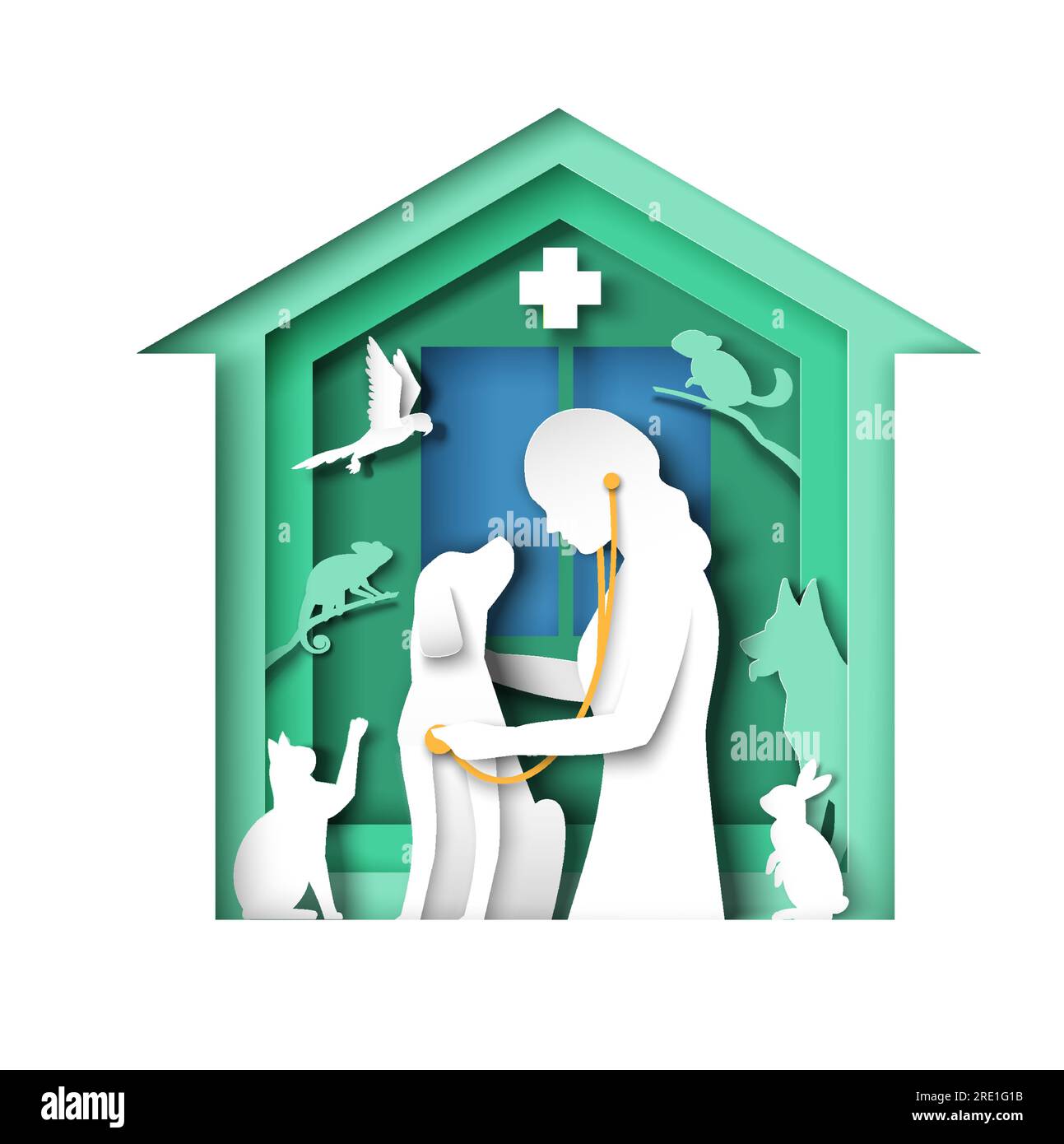 Medico veterinario femminile silhouette che fornisce il controllo del cane utilizzando stetoscopio creativo illustrazione vettoriale papercut con diversi animali domestici in Illustrazione Vettoriale