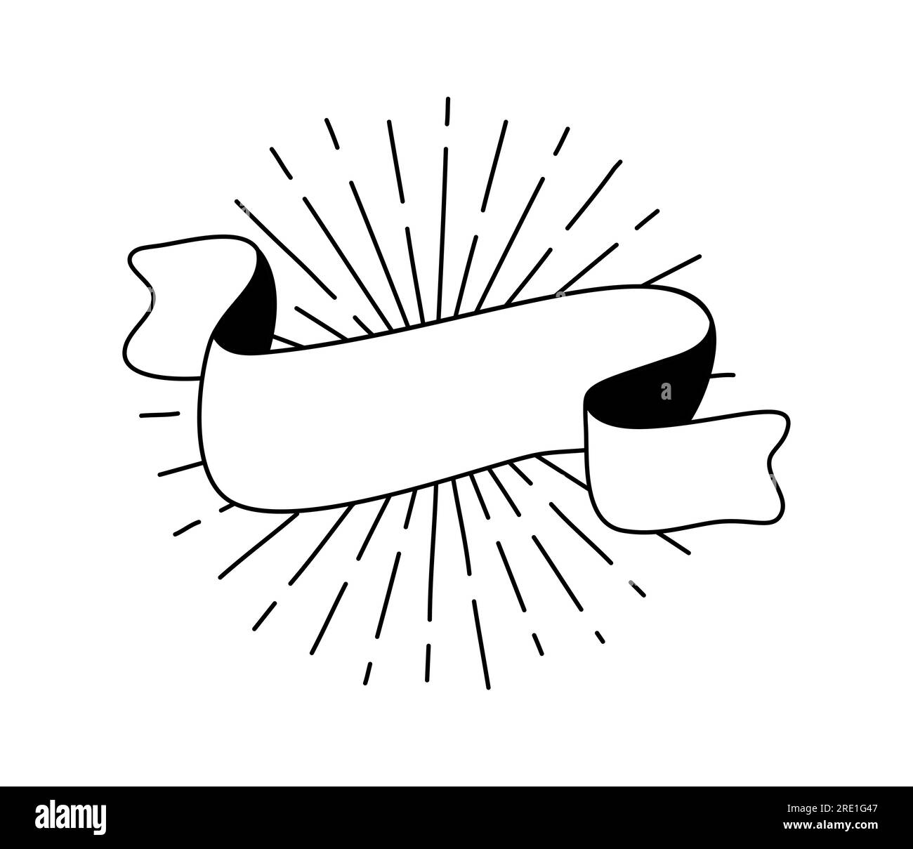 Nastro nero monolina con raggi solari. Icona banner riga, elemento Web design. Illustrazione vettoriale disegnata a mano. Spazio per il testo per l'ufficio, messaggio di saluto Illustrazione Vettoriale