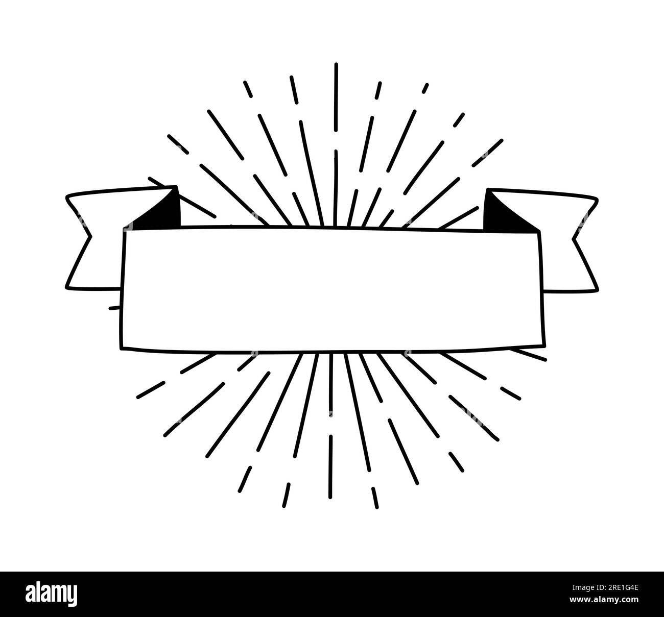 Nastro nero vettoriale con raggi solari. Icona banner, elemento Web design. Illustrazione disegnata a mano. Spazio per il testo per ufficio, biglietti di auguri e. Illustrazione Vettoriale