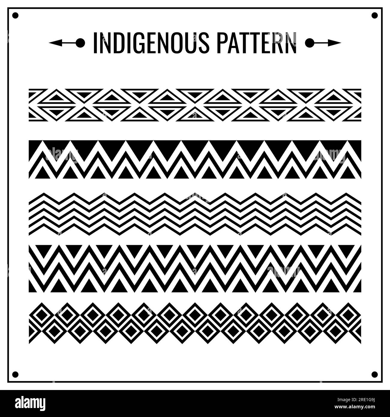 Set di bordo etnico indigeno bianco e nero senza giunture d'America. Nastro decorativo tribale. Movente azteco. Design per stile indigeno, tessuto e boho. Illustrazione Vettoriale