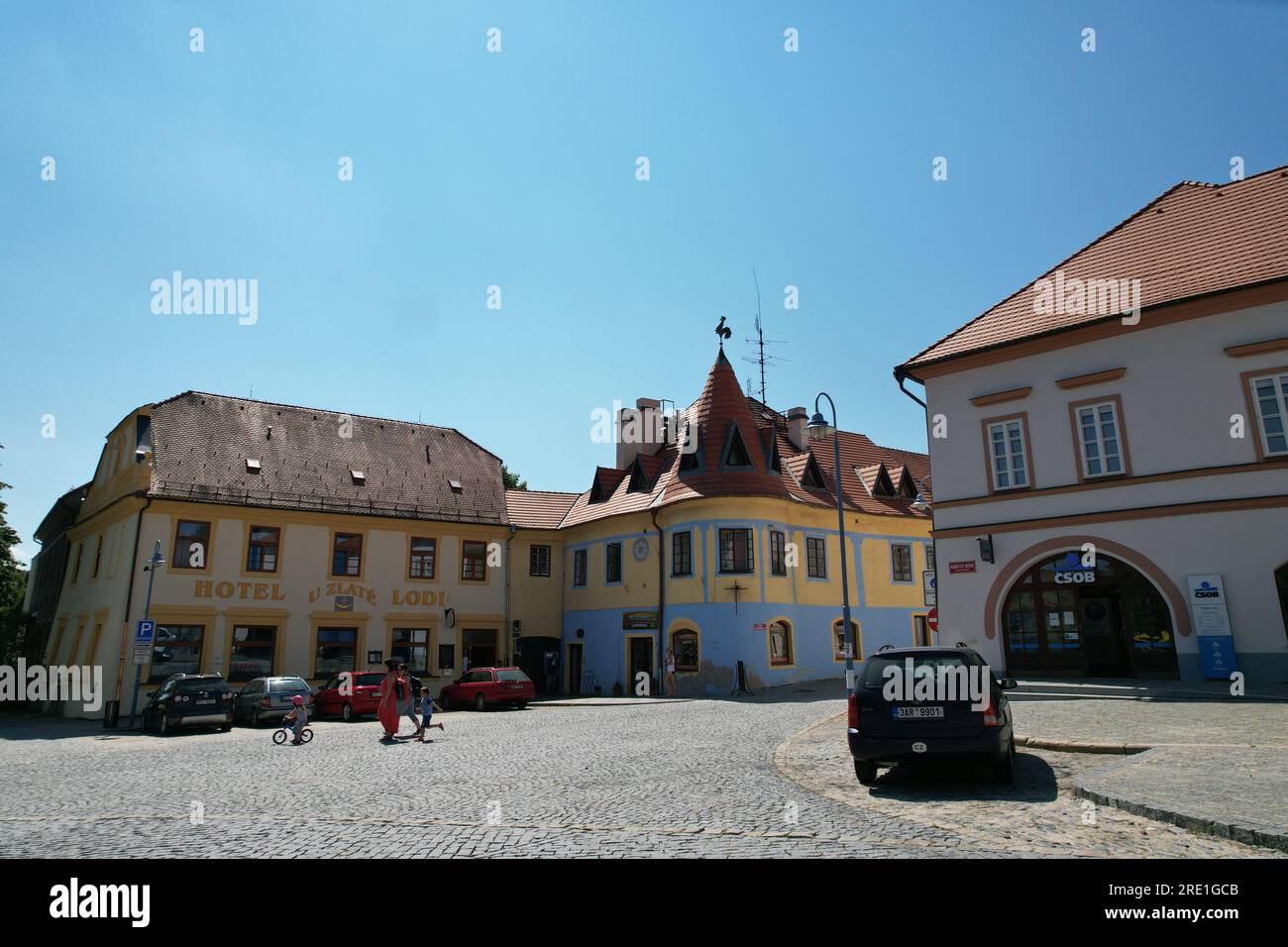 Tyn nad Vltavou, repubblica Ceca - 14 giugno 2023: Centro storico di Tyn nad Vltavou, Repubblica Ceca, Europa, vista panoramica del paesaggio Foto Stock