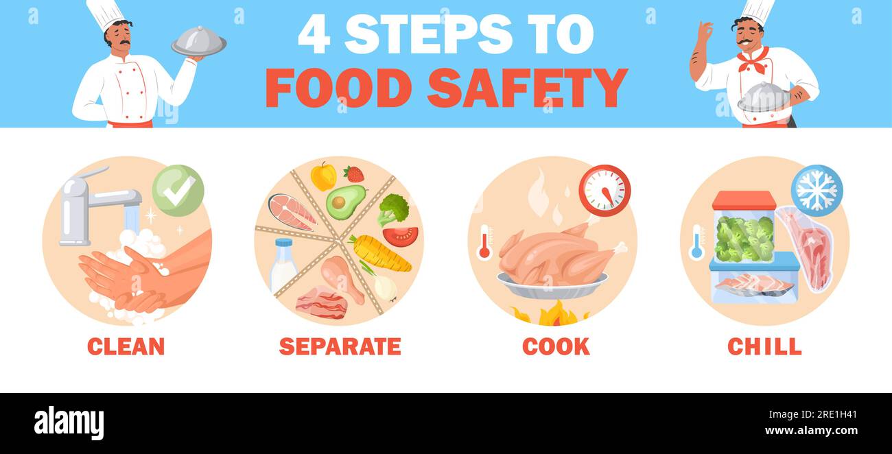 Pulire, separare, cuocere e raffreddare quattro fasi per il poster vettoriale della sicurezza alimentare Illustrazione Vettoriale