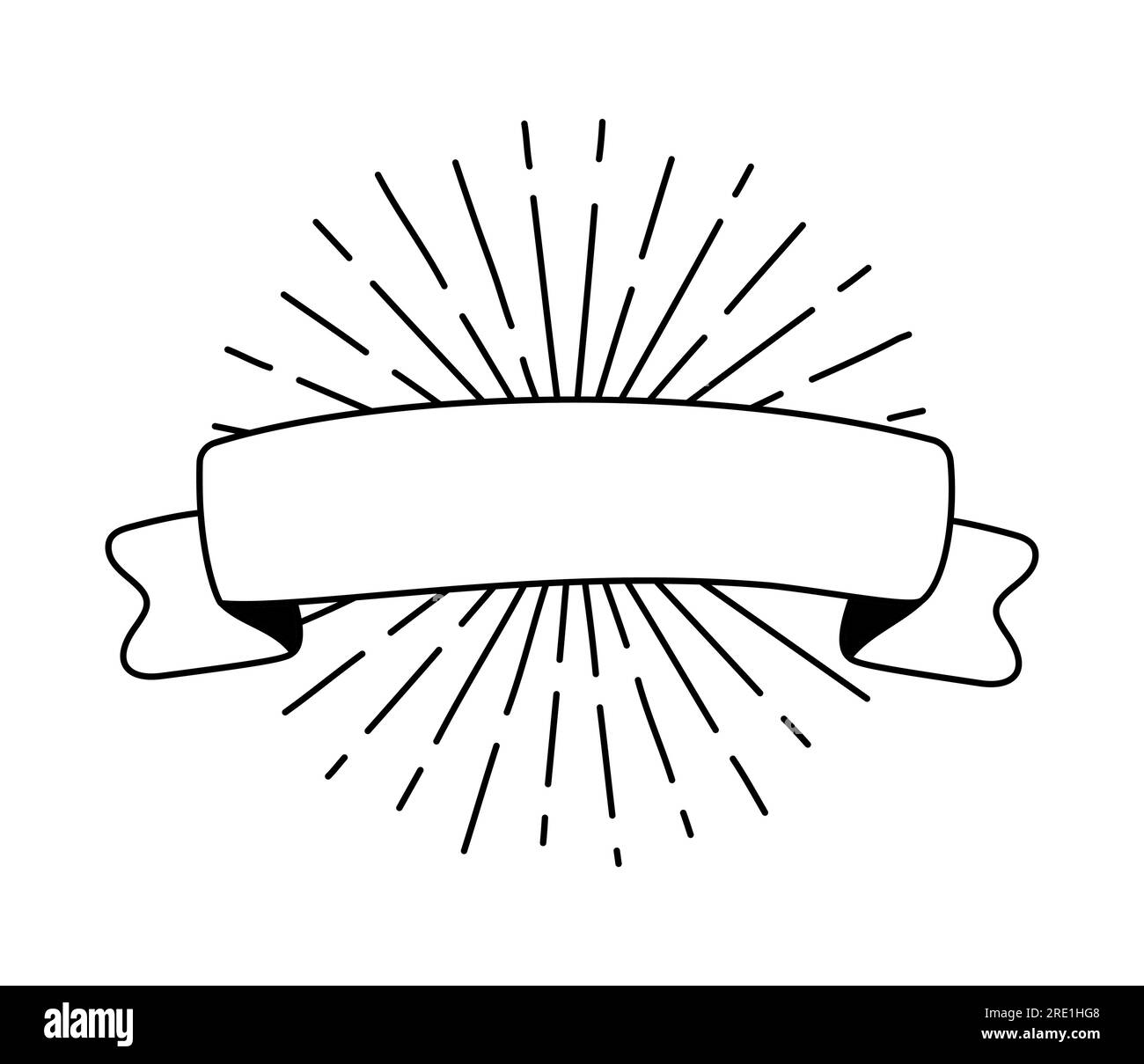 Nastro nero monolina con raggi solari. Icona banner riga, elemento Web design. Illustrazione vettoriale disegnata a mano. Spazio per il testo per l'ufficio, messaggio di saluto Illustrazione Vettoriale