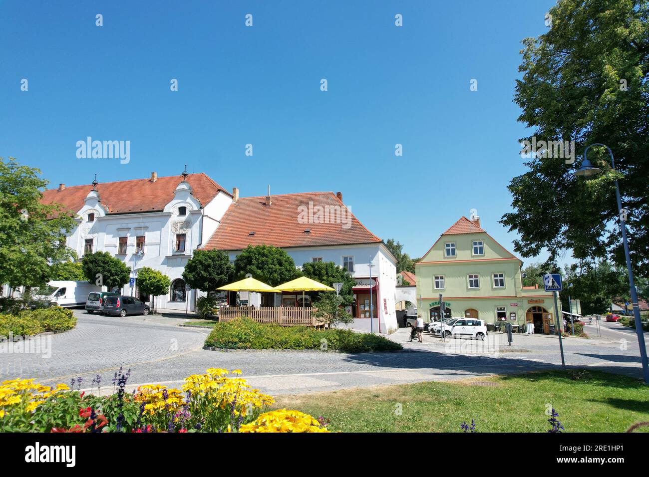 Tyn nad Vltavou, repubblica Ceca - 14 giugno 2023: Centro storico di Tyn nad Vltavou, Repubblica Ceca, Europa, vista panoramica del paesaggio Foto Stock