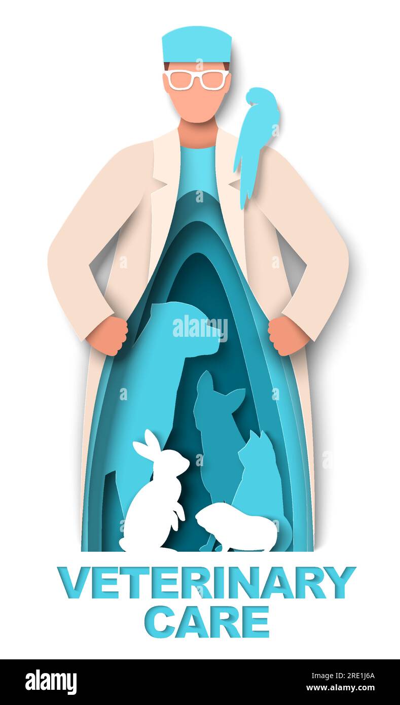 Illustrazione del vettore di assistenza veterinaria con animali domestici nella figura del medico Illustrazione Vettoriale