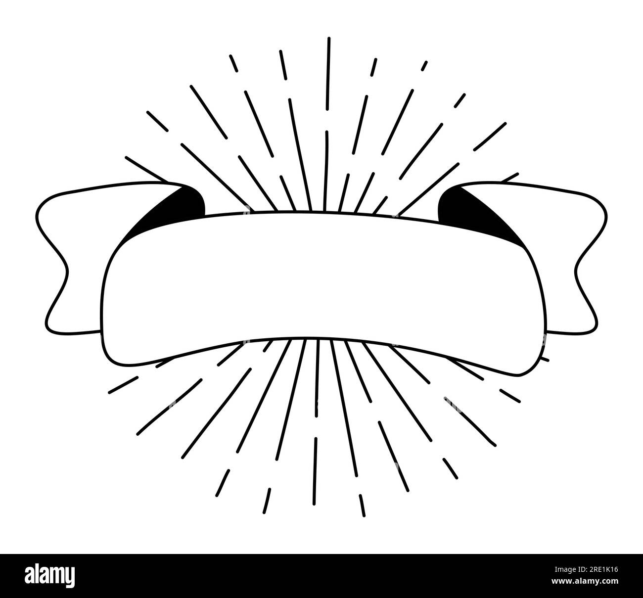 Nastro nero monolina con raggi solari. Icona banner riga, elemento Web design. Illustrazione vettoriale disegnata a mano. Spazio per il testo per l'ufficio, messaggio di saluto Illustrazione Vettoriale