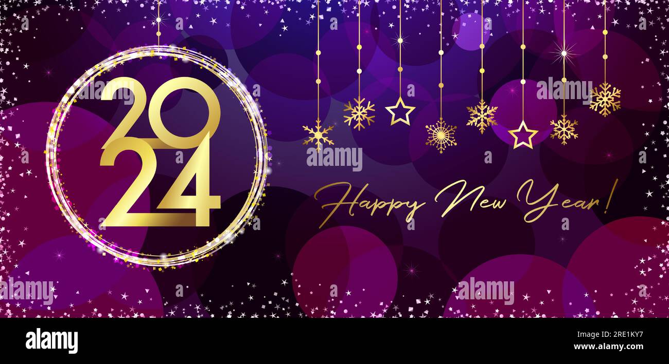 Biglietto d'auguri orizzontale felice anno nuovo 2024. Ballo di Natale con numero creativo 20 24. Fiocchi di neve dorati. Holiday garland Elements. Telaio isolato Illustrazione Vettoriale