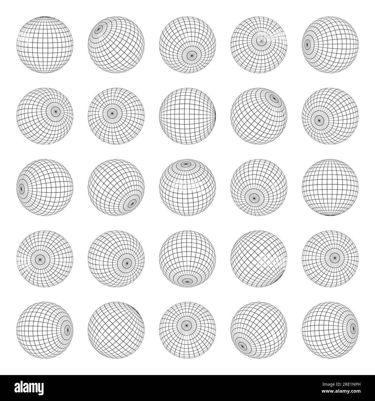Sfere della griglia del globo. Sfere topografiche della mappa del mondo con informazioni di latitudine e longitudine, raccolta di mesh lineari della geografia mondiale. Insieme di vettori. Forme arrotondate in diverse posizioni, vista superiore e laterale Illustrazione Vettoriale