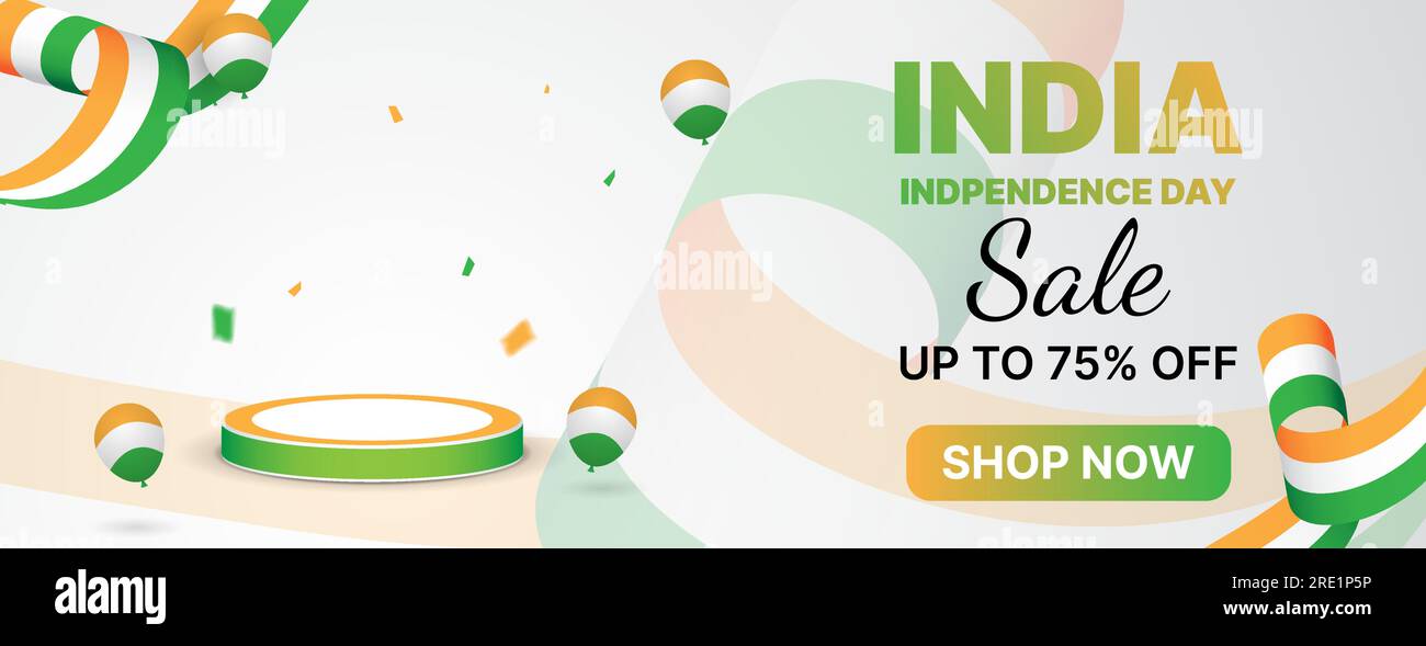 design banner vendita giorno indipendenza india con podio, palloncini e coriandoli Illustrazione Vettoriale