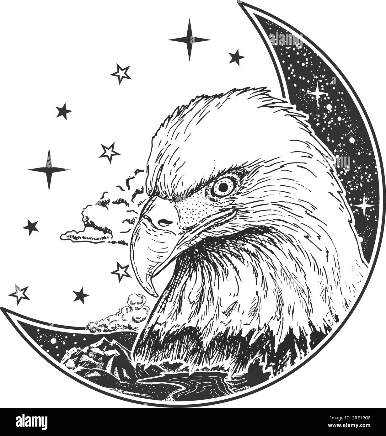 Testa d'aquila incisione a mano boho illustrazione vettoriale Illustrazione Vettoriale