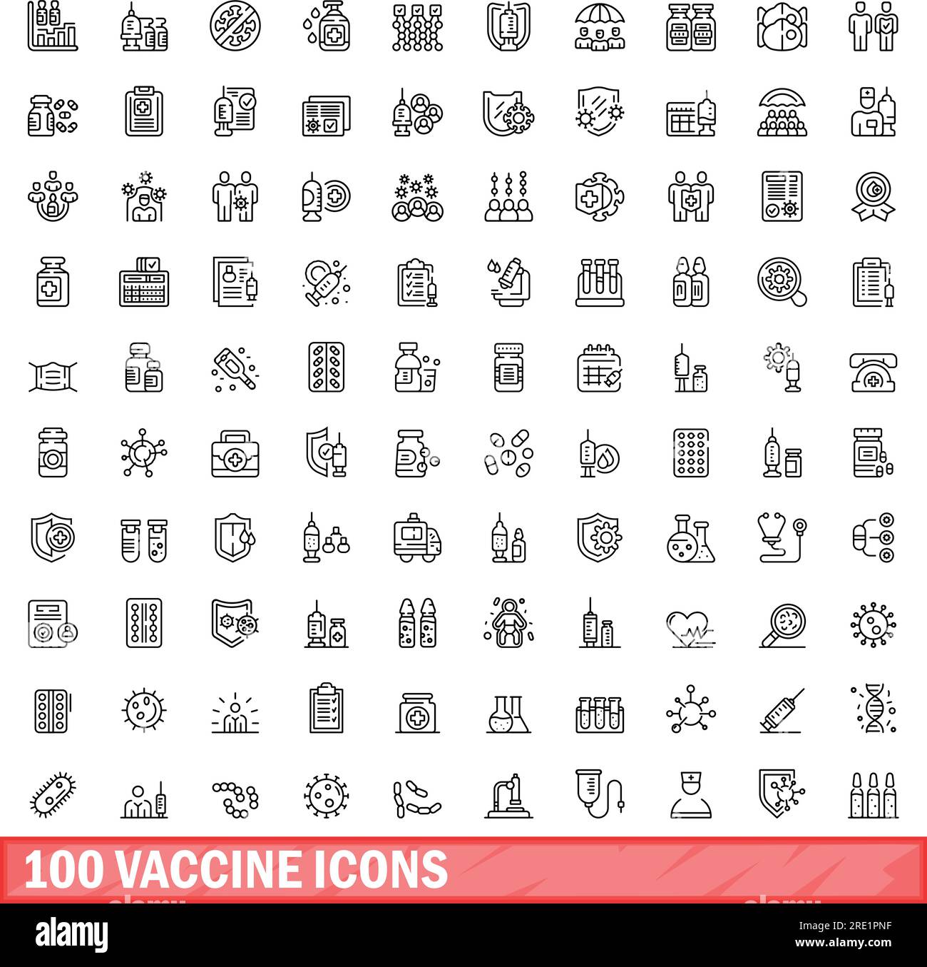 set di 100 icone di vaccino. Illustrazione di 100 icone di vaccino insieme di vettori isolati su sfondo bianco Illustrazione Vettoriale