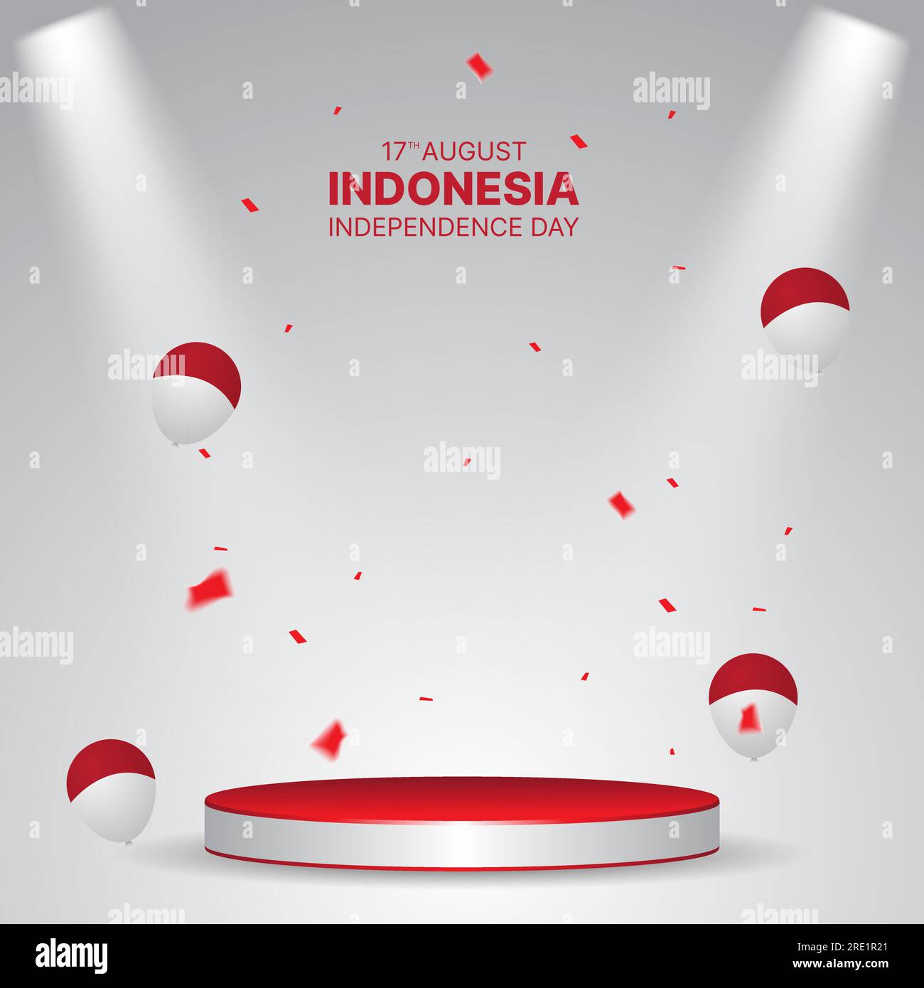 banner indonesia independence day con podio 3d, palloncini e coriandoli. adatto per promozioni aziendali o biglietti d'auguri Illustrazione Vettoriale