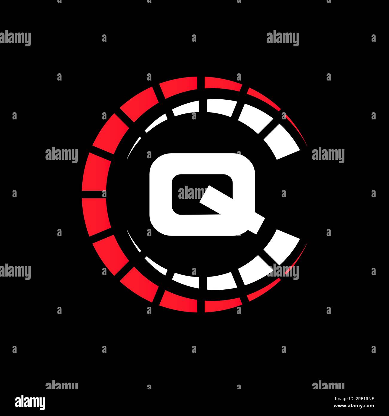 Logo automobilistico su Letter Q Speed Concept. Simbolo dell'auto sportiva per l'assistenza e la riparazione delle auto con l'icona del tachimetro Illustrazione Vettoriale