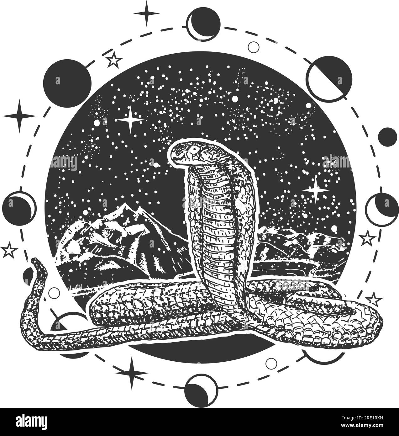 Simbolo del mistero cosmico con schizzo di serpente in stile boho Illustrazione Vettoriale