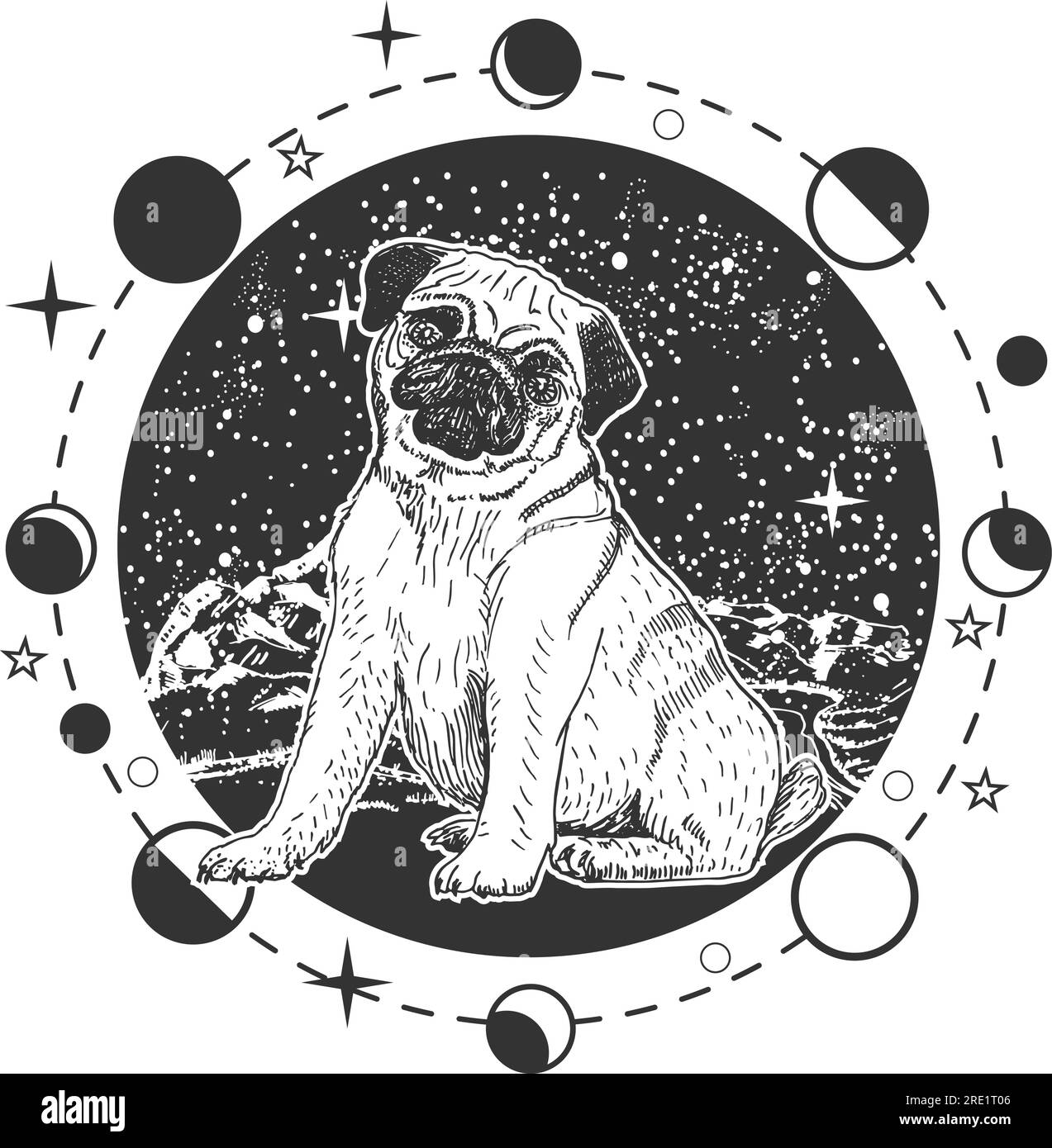 Simpatico cucciolo su sfondo vettoriale mistico in stile boho Illustrazione Vettoriale