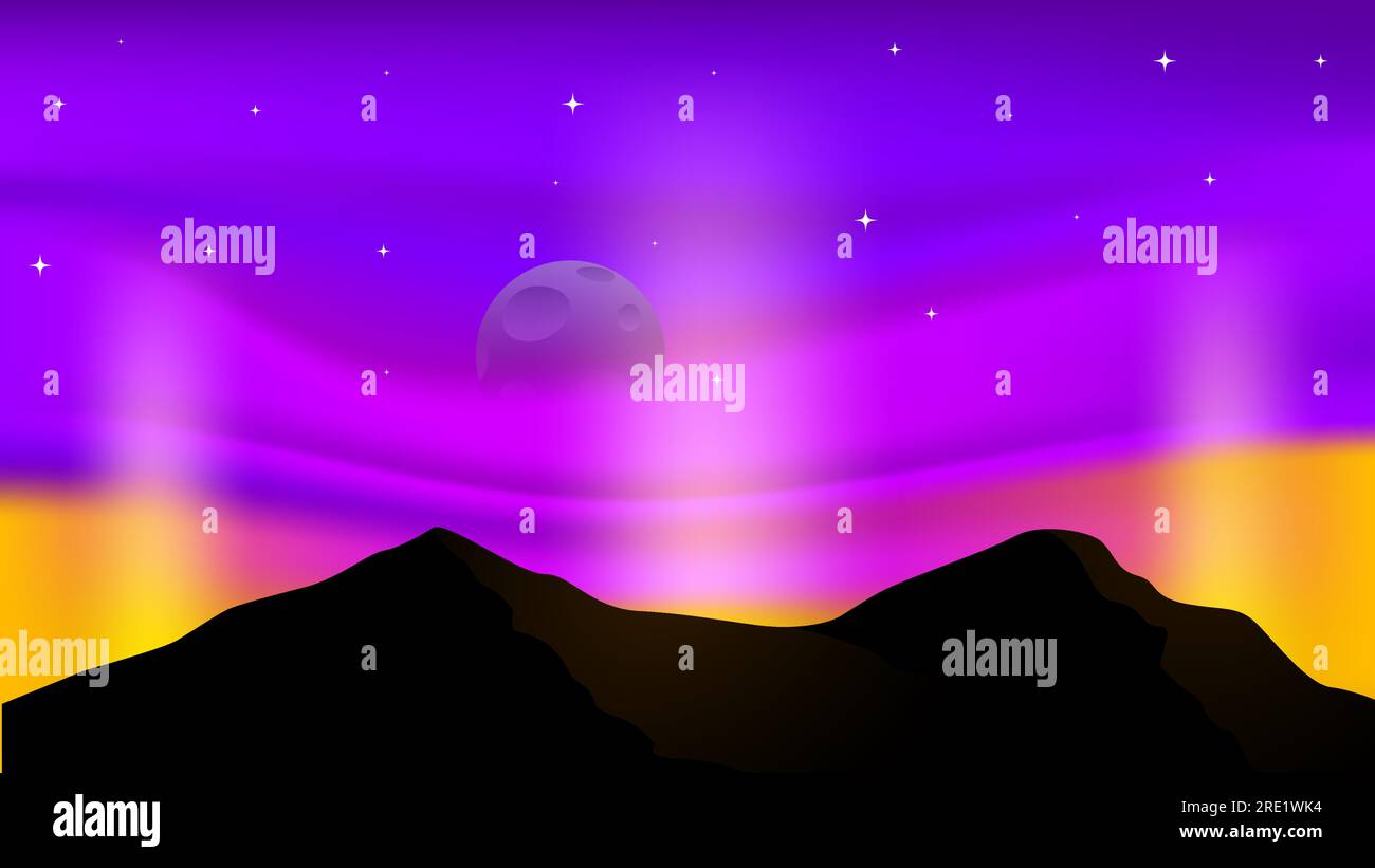 illustrazione vettoriale del paesaggio con montagna, luna, stelle e cielo Illustrazione Vettoriale