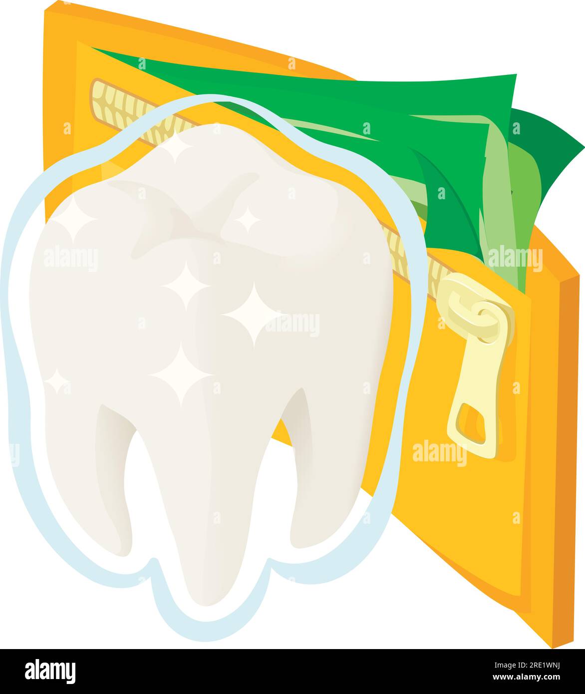 Icona concetto di prevenzione vettore isometrico. Dente umano sano e portafoglio aperto. Trattamento dei denti, stomatologia, assistenza sanitaria Illustrazione Vettoriale