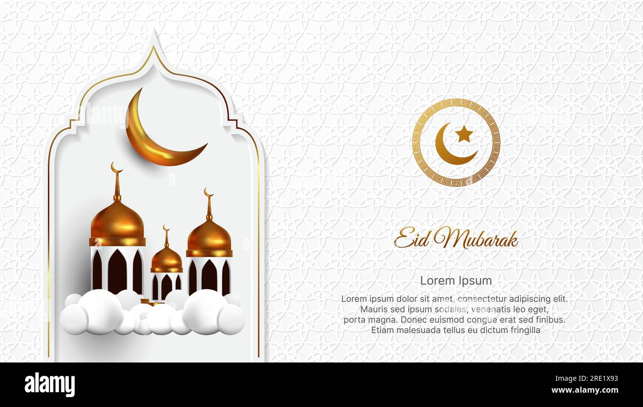 Lussuoso sfondo Eid Mubarak di colore bianco e oro con decorazione islamica 3D. illustrazione vettoriale Illustrazione Vettoriale