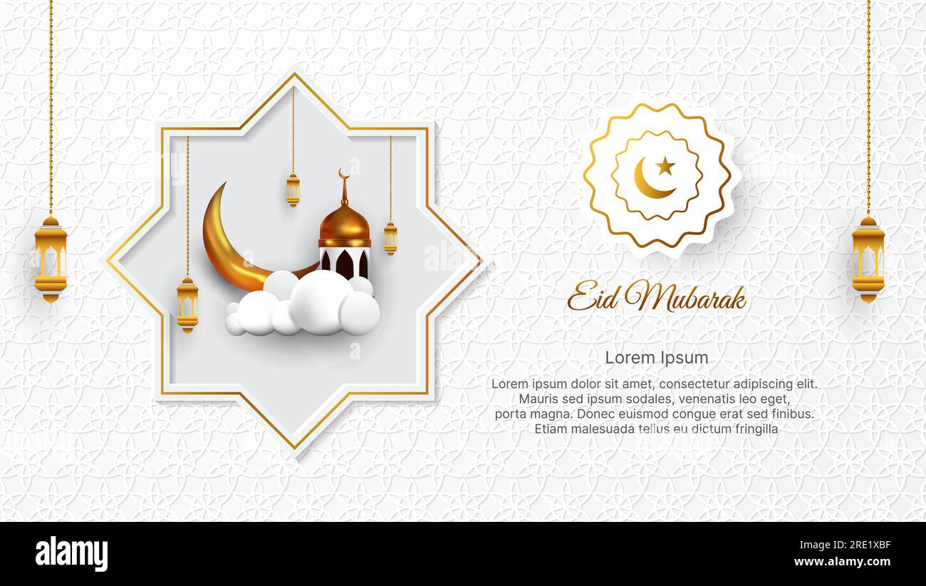Lussuoso sfondo Eid Mubarak di colore bianco e oro con decorazione islamica 3D. illustrazione vettoriale Illustrazione Vettoriale