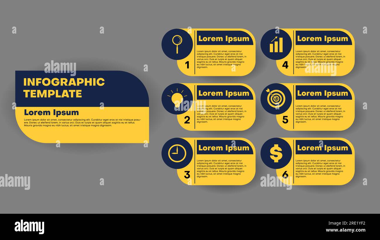 design del modello infografico piatto in blu scuro e giallo. Elementi astratti di grafico, diagramma con fasi, opzioni, parti o processi. Illustrazione Vettoriale