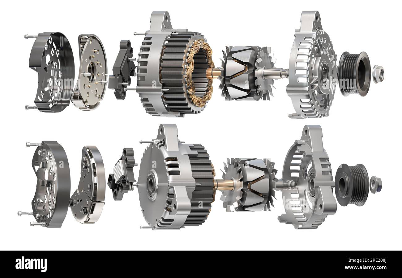 Structire e schema dell'alternatore per auto, generatore isolato su bianco. Structire e Scheme. illustrazione 3d. Foto Stock