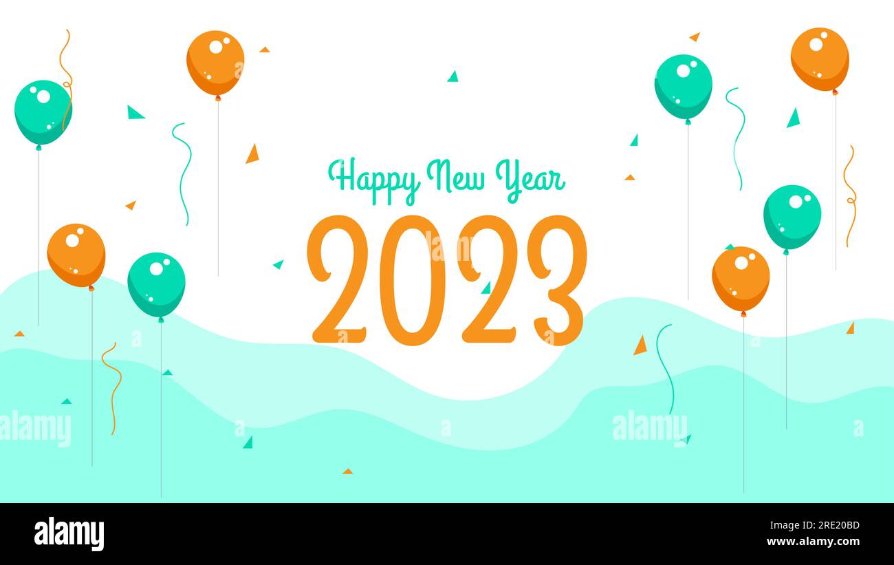 Felice anno nuovo 2023 design vettoriale con palloncini e coriandoli. adatto per striscioni, calendario. poster, biglietti d'auguri, ecc. Illustrazione Vettoriale