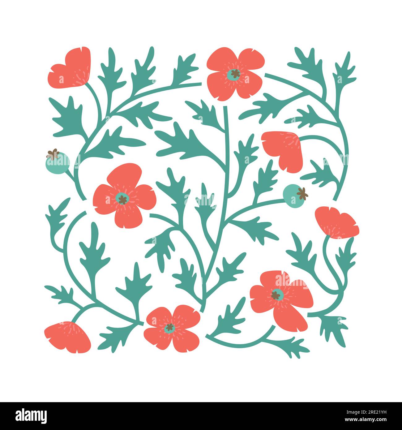 Moderna illustrazione vettoriale piatta e colorata con fiori di papavero, fogliame e campo. Poster di fiori selvatici astratti. Illustrazione Vettoriale