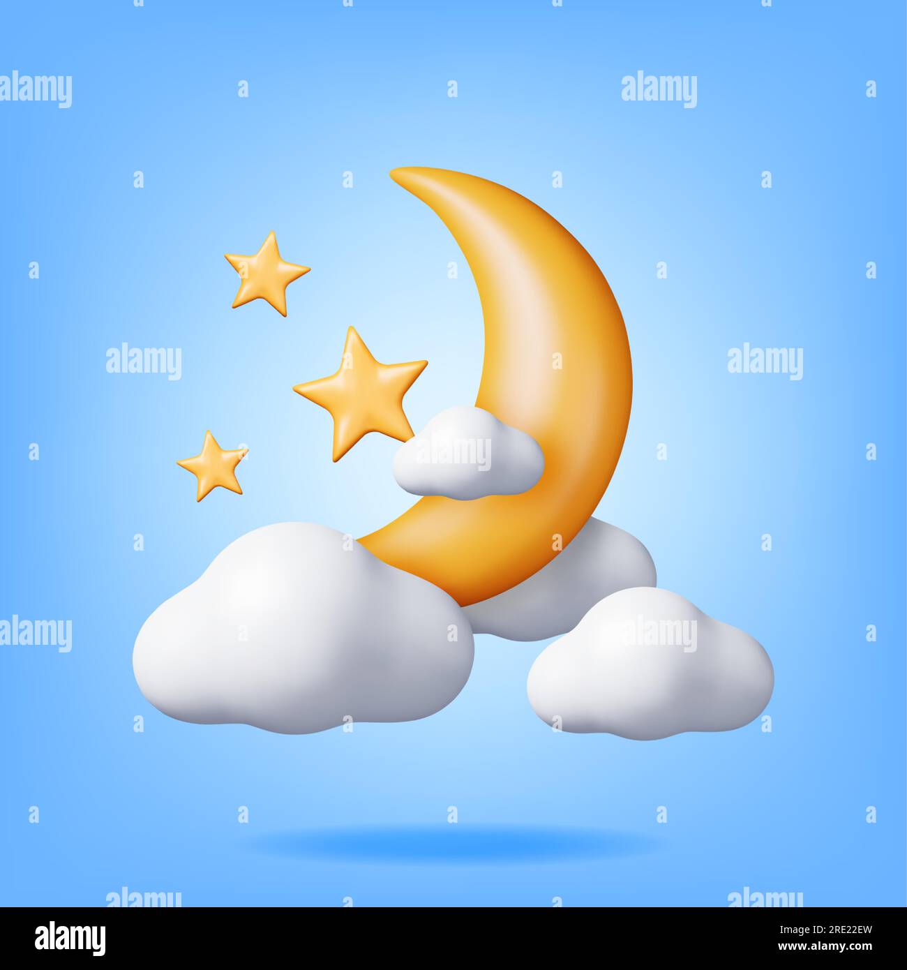 3D Gold Crescent Moon con stelle in nuvole Illustrazione Vettoriale